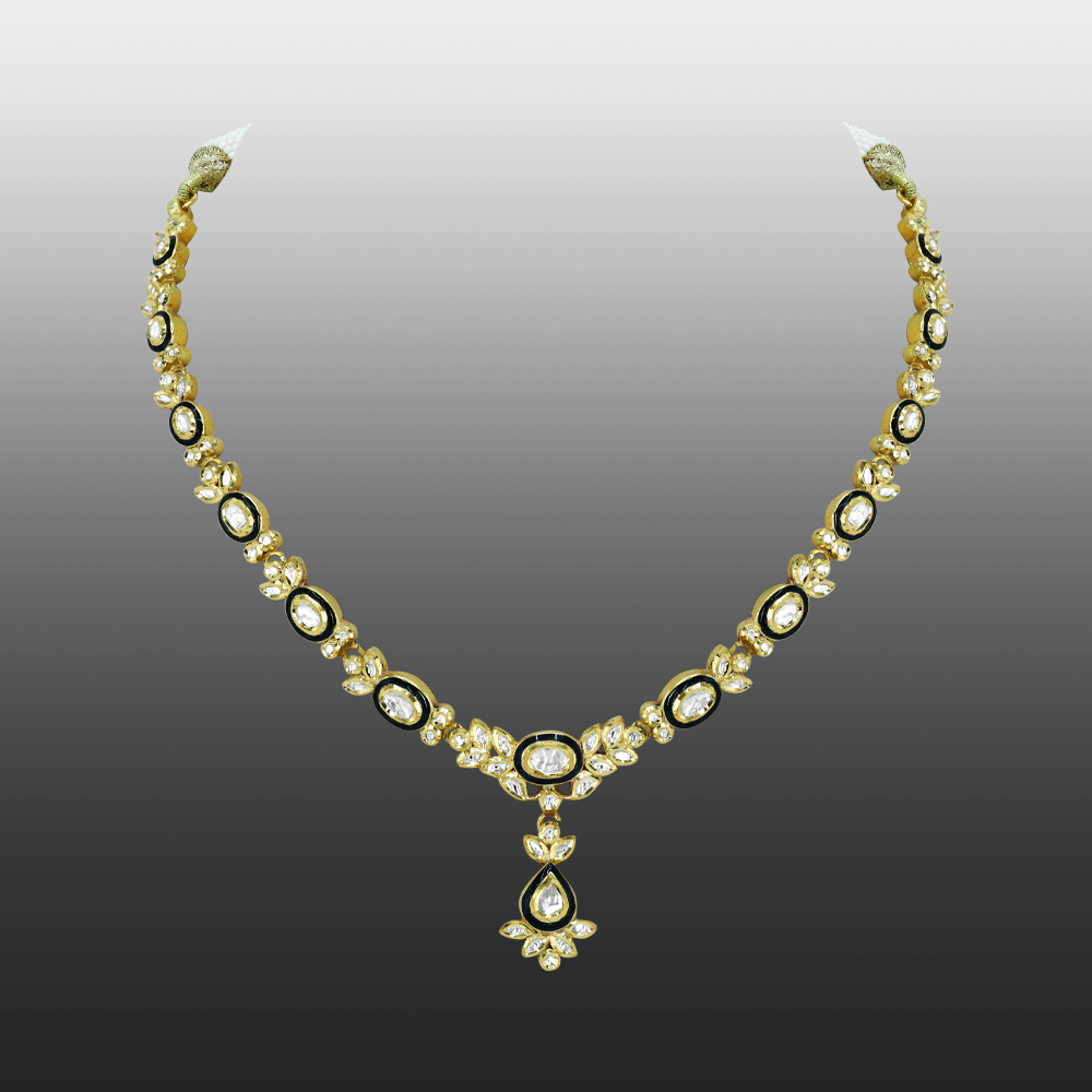 Polki Necklace with Black Meena Oval Motif
